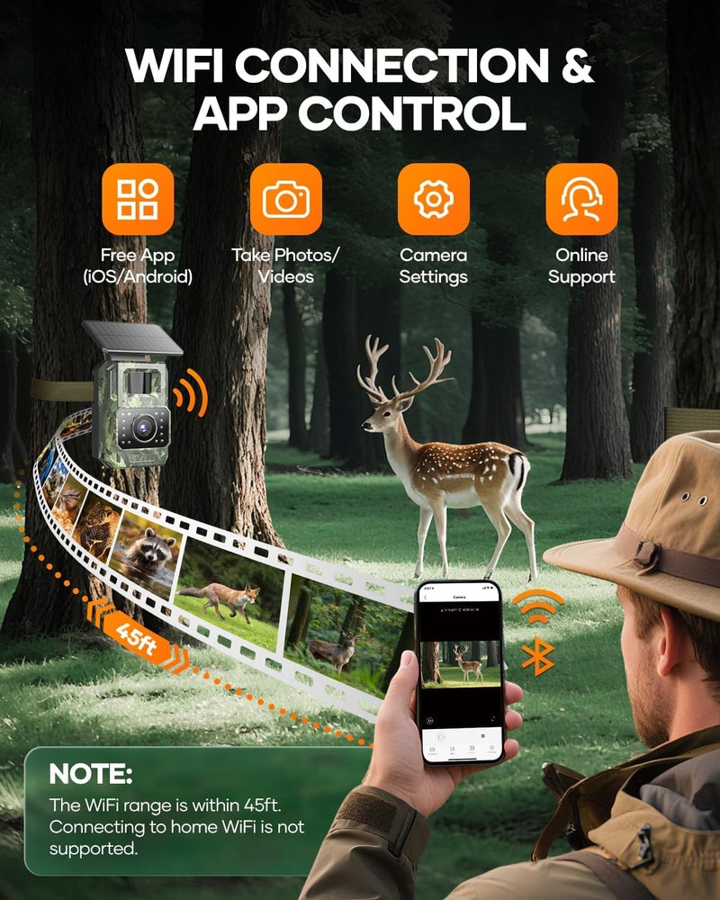 Assark Trail Camera 64MP 4K with Fixed Solar Panel, 6000mAh Game Camera with Night Vision Motion Activated Waterproof IP66 for Wildlife Deer Critter, Outdoor WiFi Trail Cam, 32GB SD Card Included - Image 4